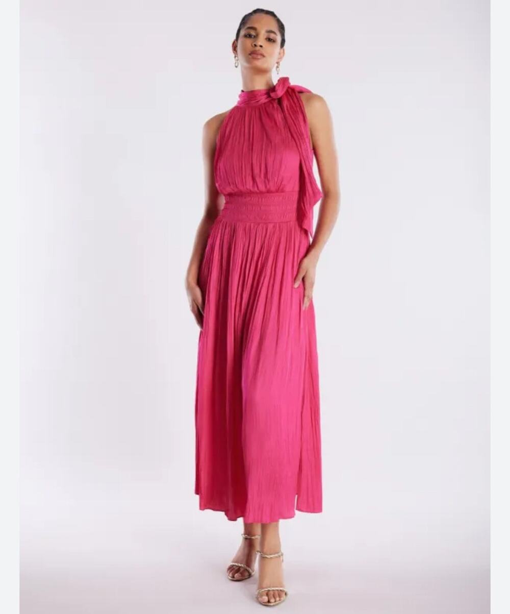BCBGMAXAZRIA Womens Boho Maxi Tie Neck Halter Dress Pink Small NWOT